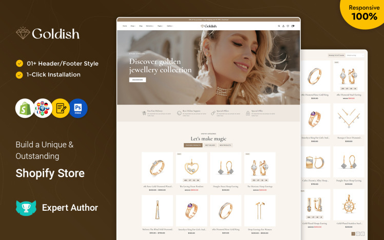 Goldish Modern Jewelry Diamond Imitation Store Shopify Responsive Theme #324954