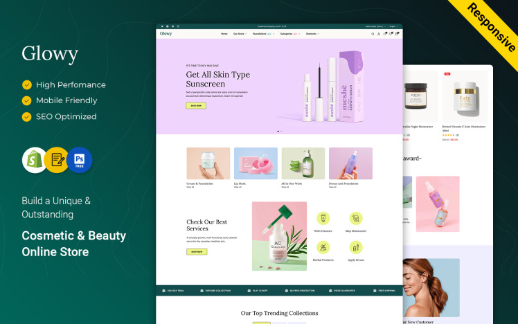 Glowy Cosmetics and Skin Care Beauty Responsive Shopify Theme #397670