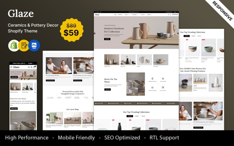 Glaze Ceramic and Pottery and Crafts Multipurpose Responsive Shopify Theme #414124