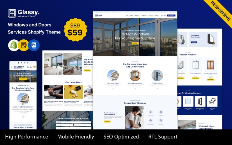 Glassy Windows and Doors Services Shopify Responsive Theme #429615