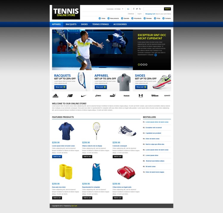 Tennis Racket Shop Layout Tennis Store ZenCart Template #45087