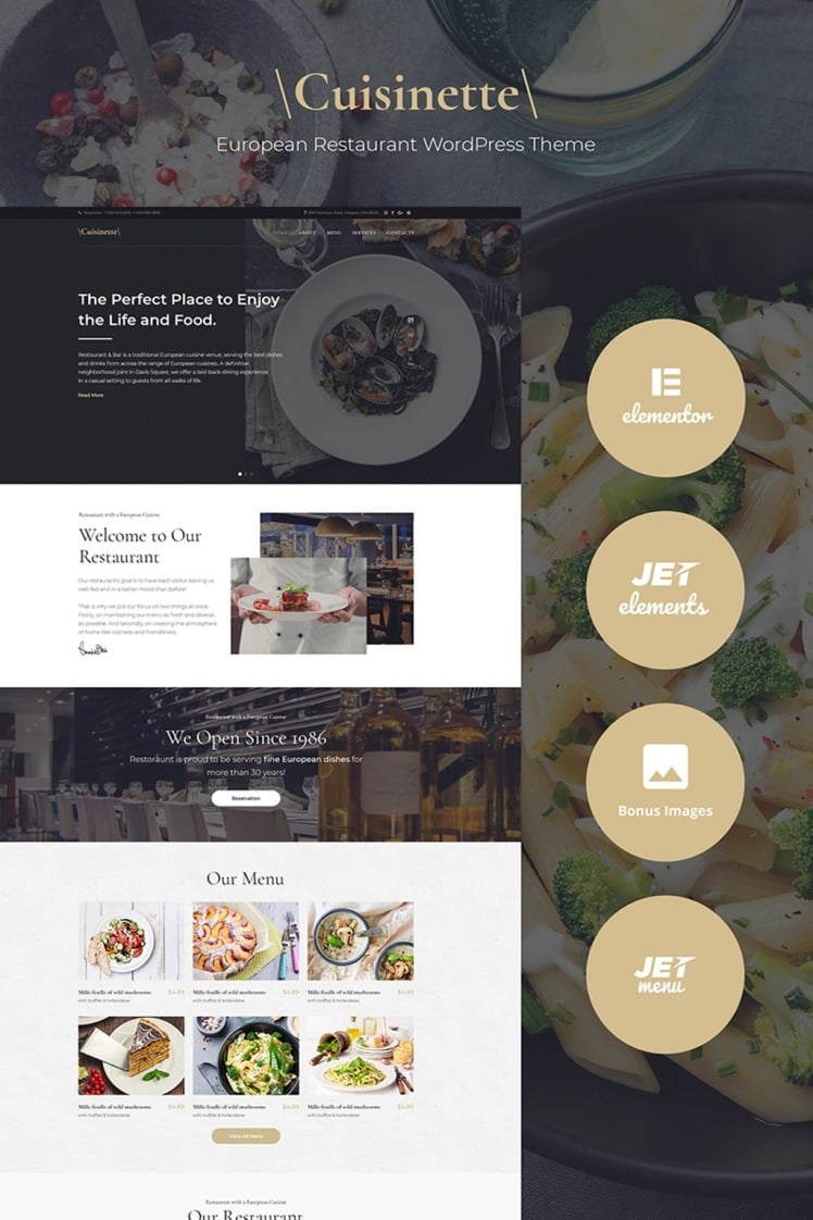 Cuisinette European Restaurant Cross browser WordPress Theme