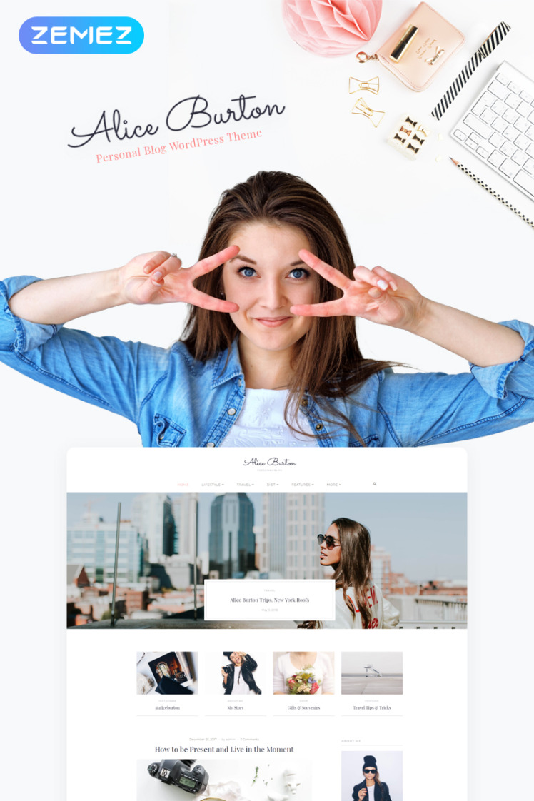 AliceBurton - Personal Blog WordPress Elementor Theme #70648