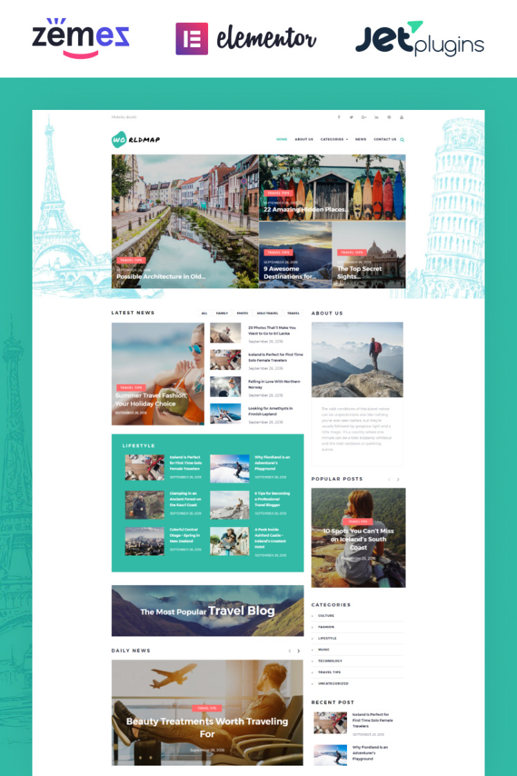 WorldMap Travel Photo Blog Elementor WordPress Theme
