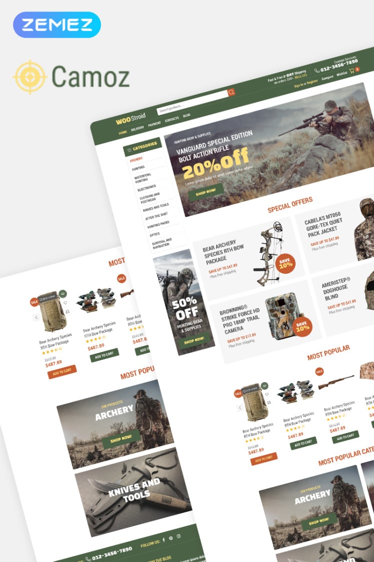 Camoz Hunting ECommerce Classic Elementor WooCommerce Theme