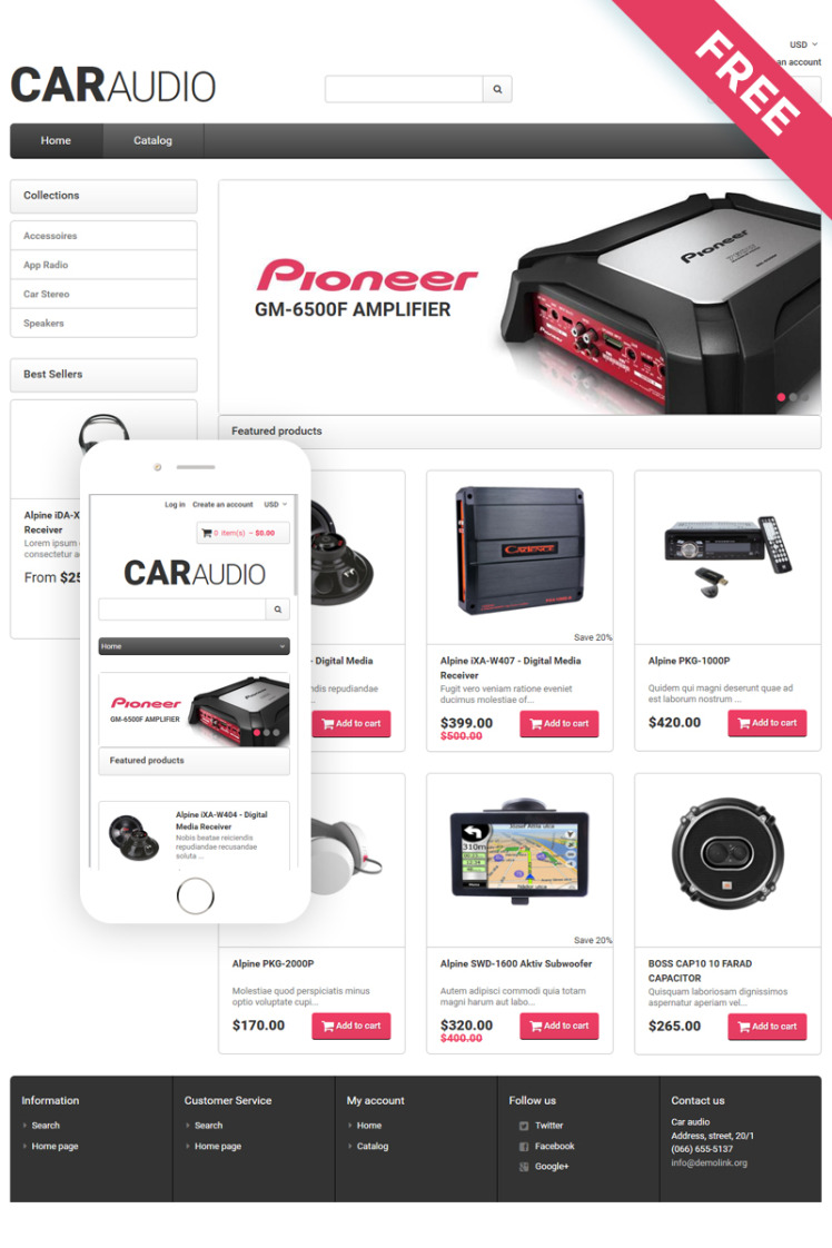 CarAudio Car Parts eCommerce Clean Shopify Theme #79217