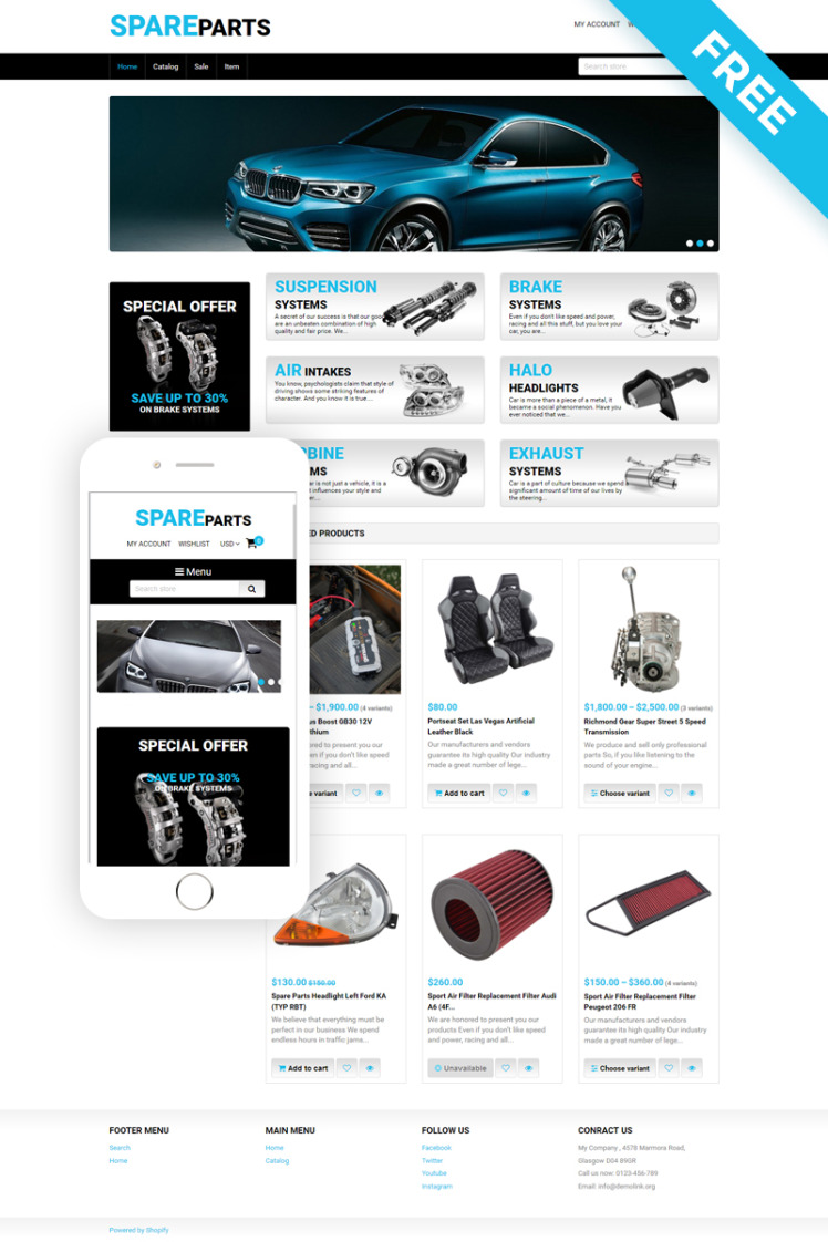Spare Parts Car Parts Free Clean Shopify Theme #79218