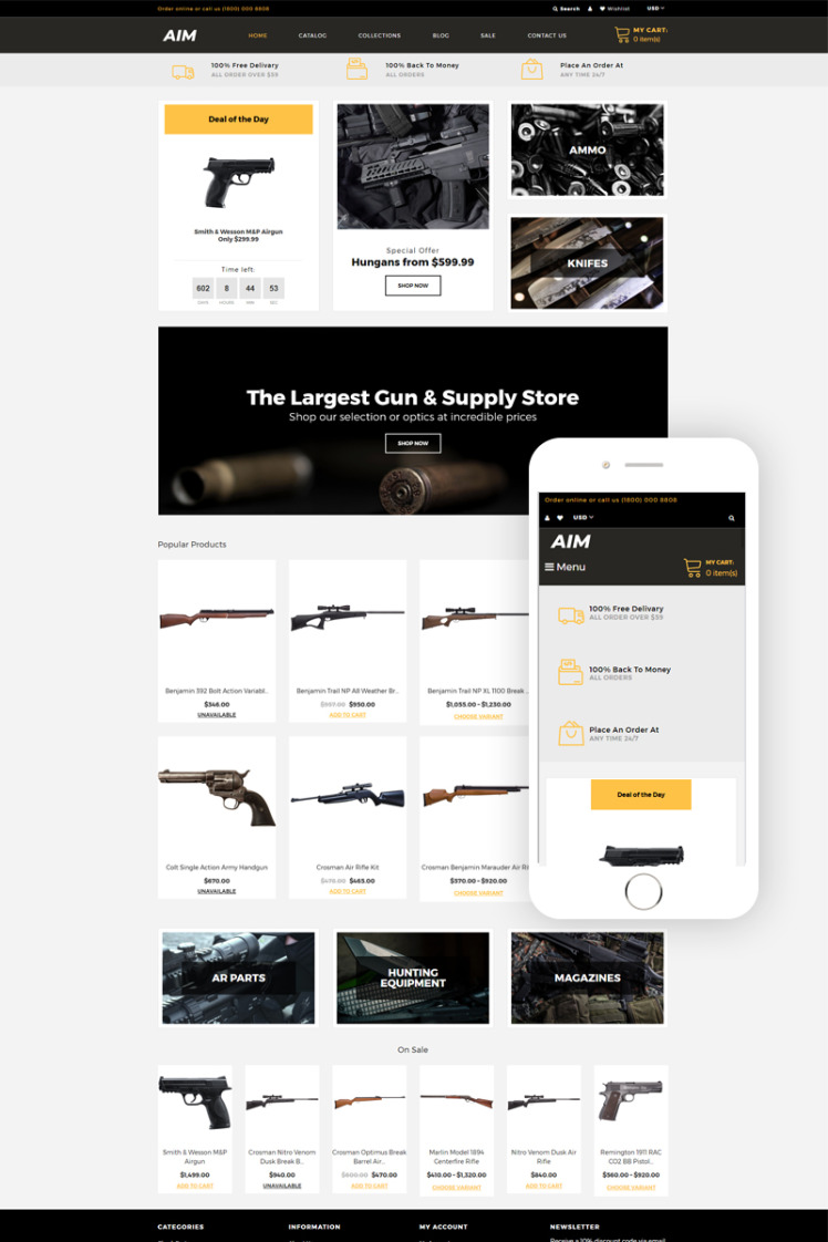 AIM Weapon Store Modern Shopify Theme #80484
