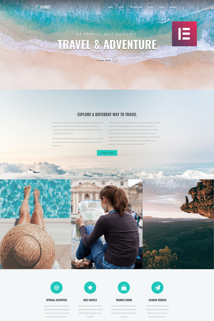 Closez Tourism One Page Modern WordPress Elementor Theme