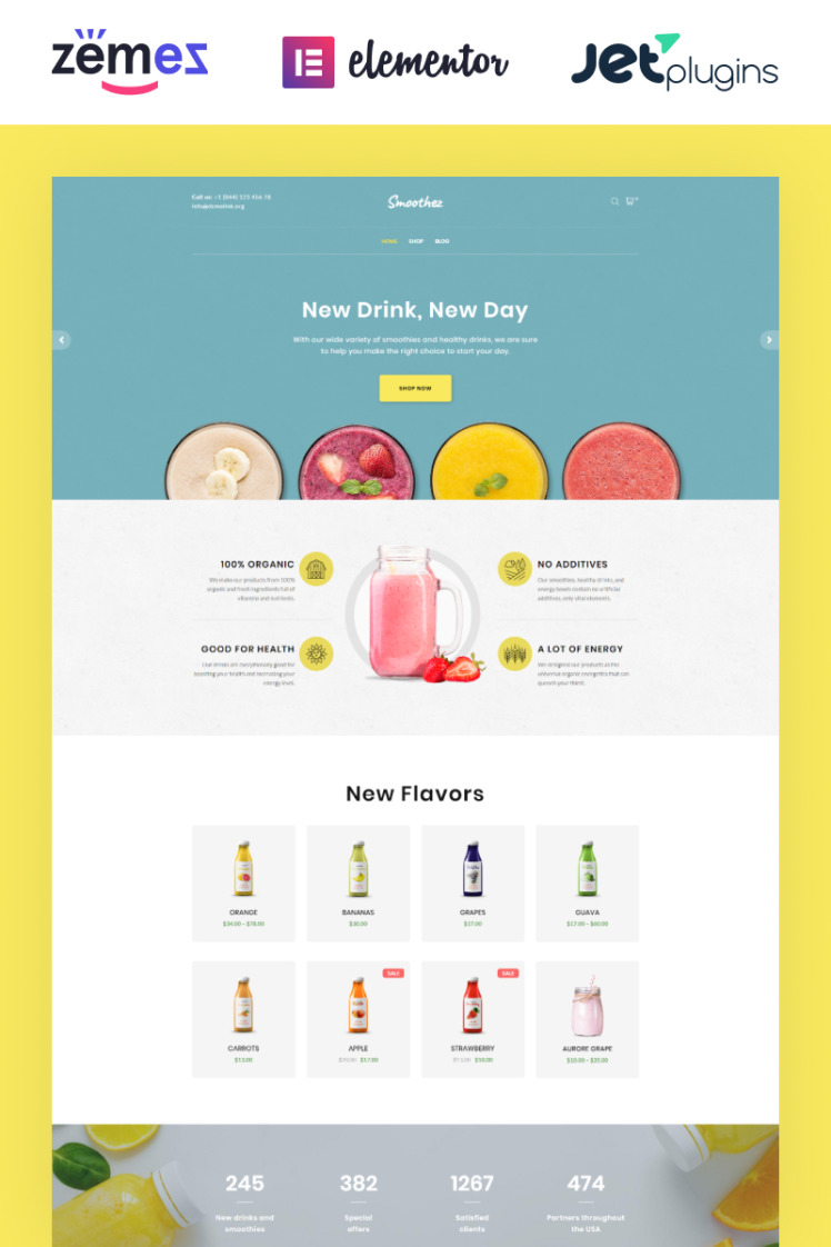 Smoothez Organic Smoothie Store ECommerce Modern Elementor WooCommerce Themes
