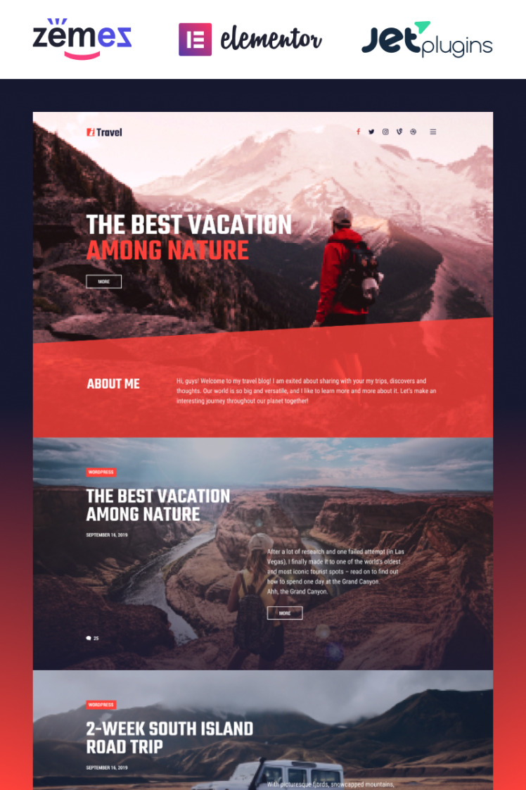 ITravel Trendy Travel Blog Website Template for Elementor builder WordPress Themes