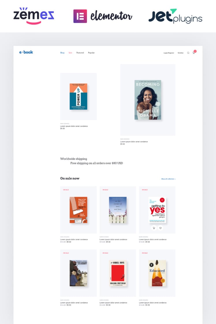 Ebook ebook website theme with widgets for Elementor WooCommerce Themes