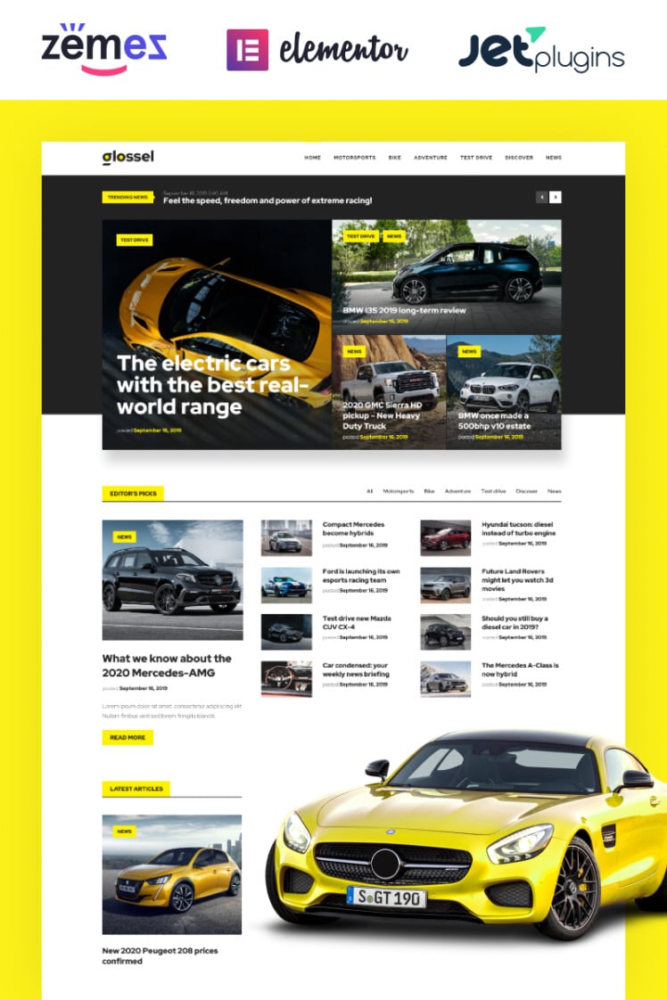 Glossel Car Blog Website Template based on Elementor WordPress Themes