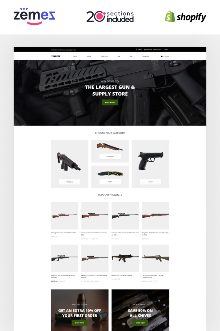 Hunter Simple Responsive Gun Shop Shopify Theme #87325