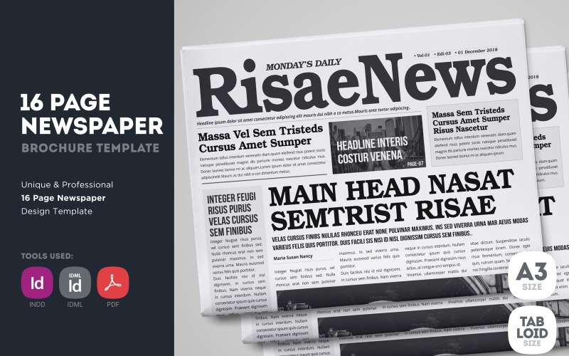 RisaeNews - 16 Page Newspaper Design Template Corporate Identity