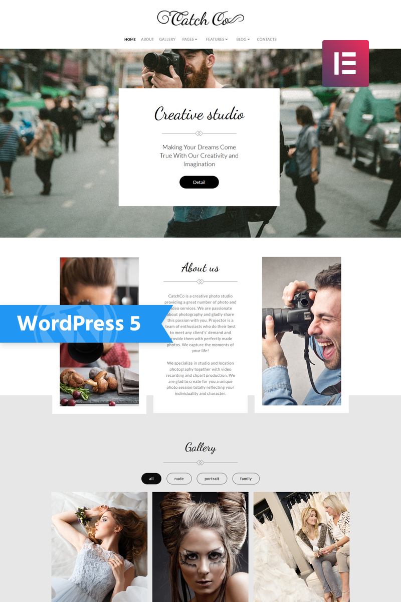 "Catch Co - Photo Studio Multipurpose Creative Elementor" - адаптивний WordPress шаблон №76017