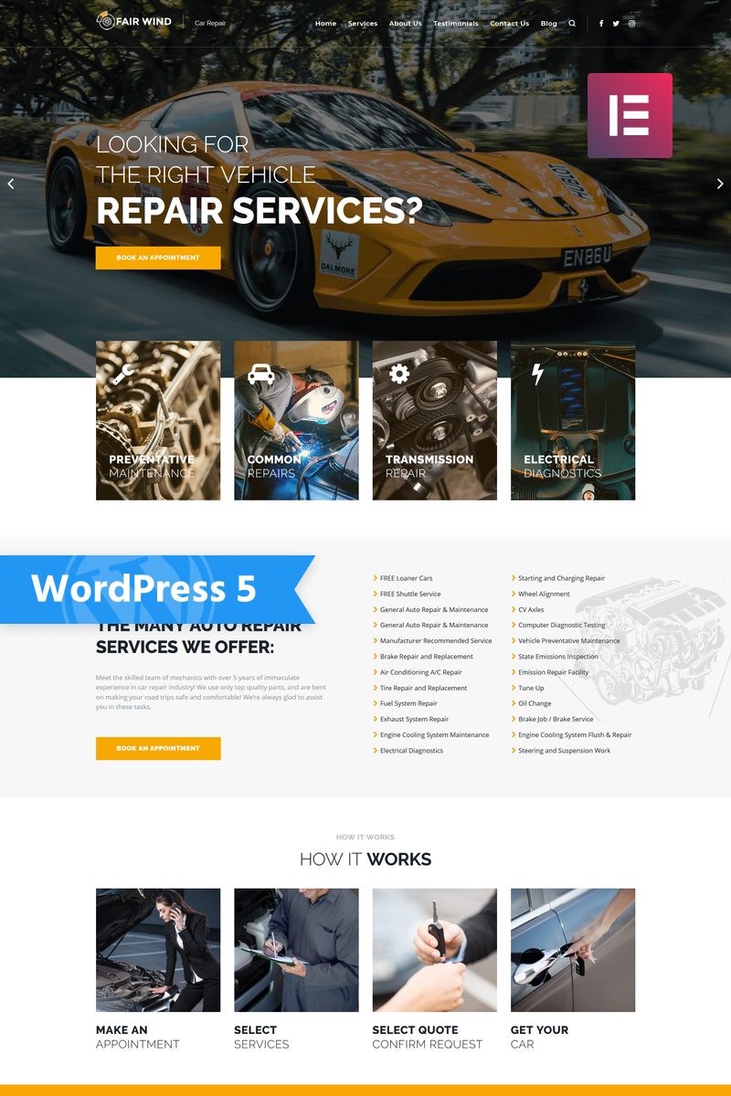 Modello WordPress Responsive #76007 "Fair Wind - Car Repair Modern Elementor"