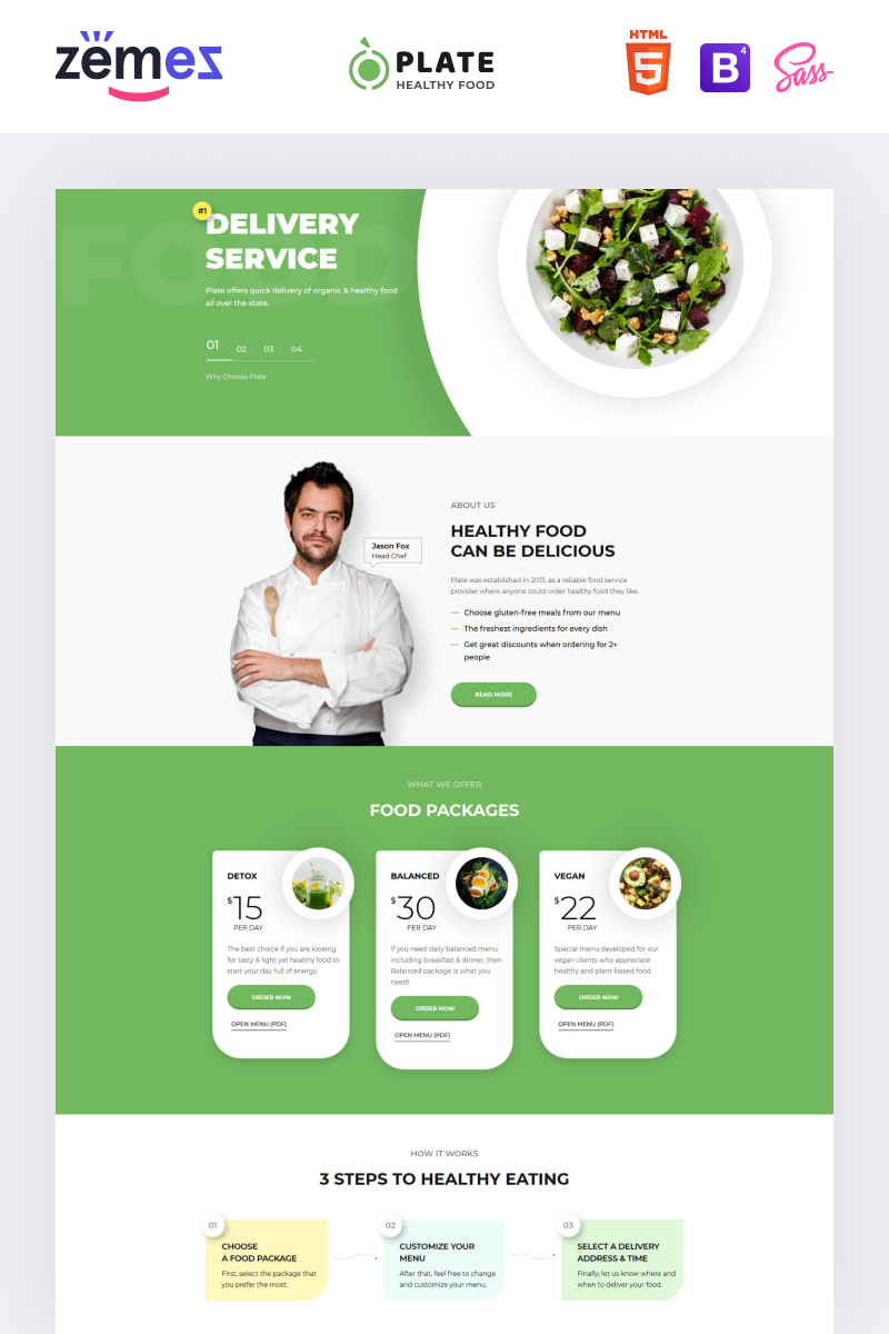 Landing Page Template namens "Plate - Healthy Food One Page Clean HTML" #76237