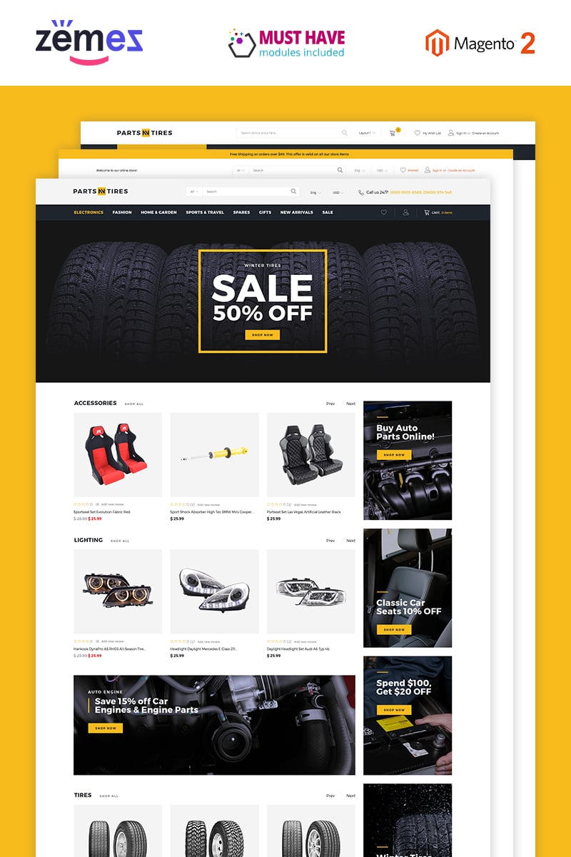 "Parts'n'Tires - Car Tuning Clean Responsive" thème Magento #76228 - screenshot