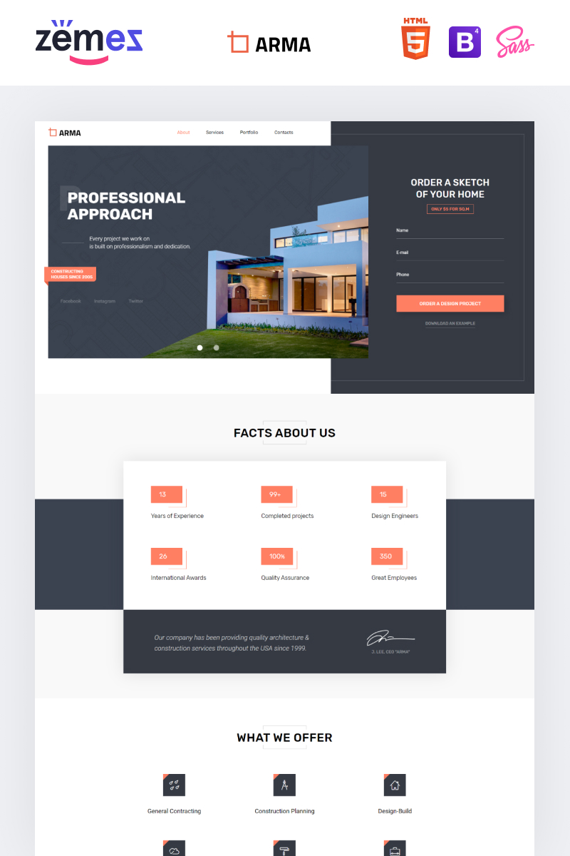 Responzivní Šablona mikrostránek "ARMA - Construction One Page Clean HTML" #76350 - screenshot