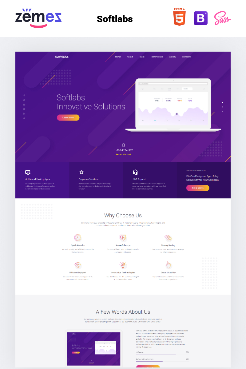 "Softlabs - Software Company Creative HTML Bootstrap" Responsive Landingspagina Template №77619 - screenshot