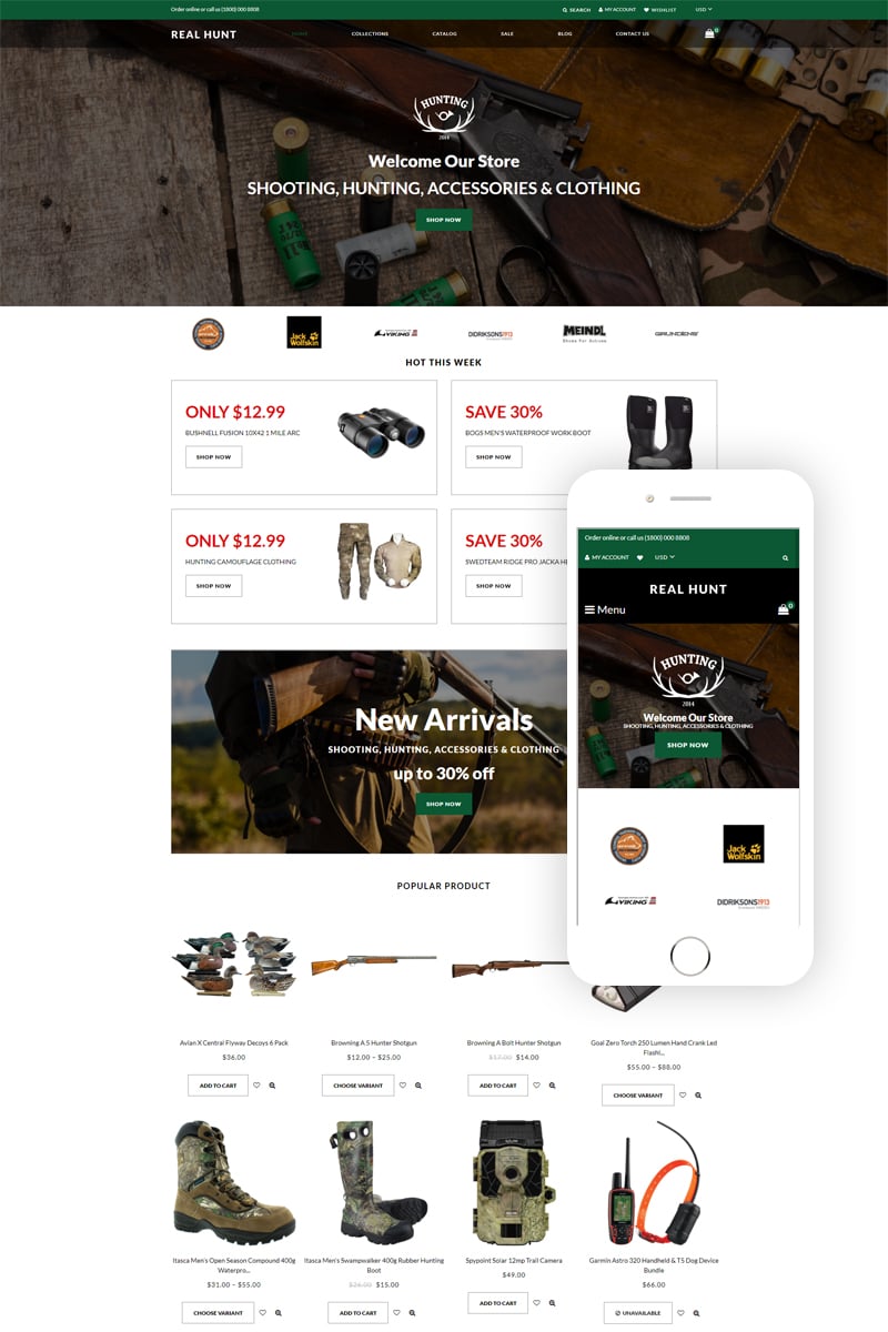 Modello Shopify Responsive #77864 "Real Hunt - Hunting Clean"