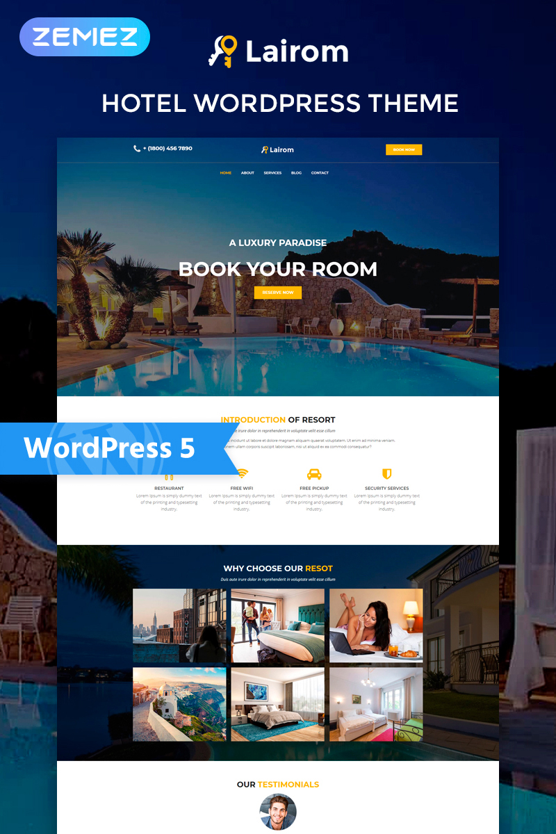Tema De WordPress "Lairom - Hotel Multipurpose Modern Elementor" #77972