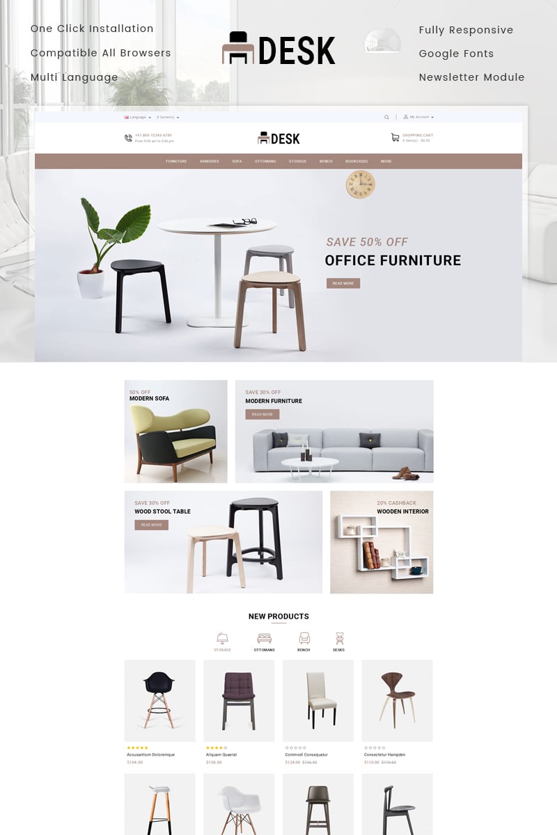 "Desk Furniture Store" Responsive OpenCart Template №78046 - screenshot