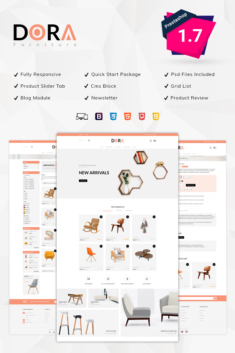 "Dora Furniture Shop" - адаптивний PrestaShop шаблон №78176