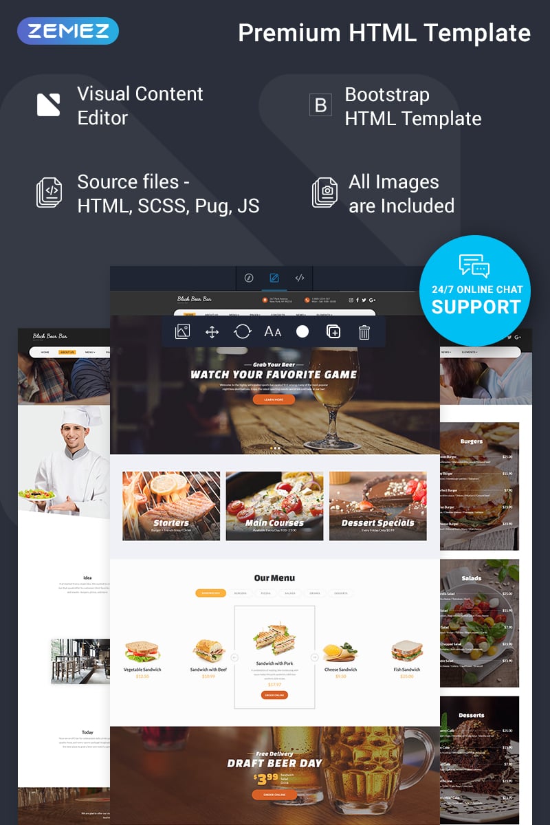 Tema Siti Web Responsive #78186 "Black Bear Bar - Food & Restaurant Ready-to-Use Modern HTML5" - screenshot