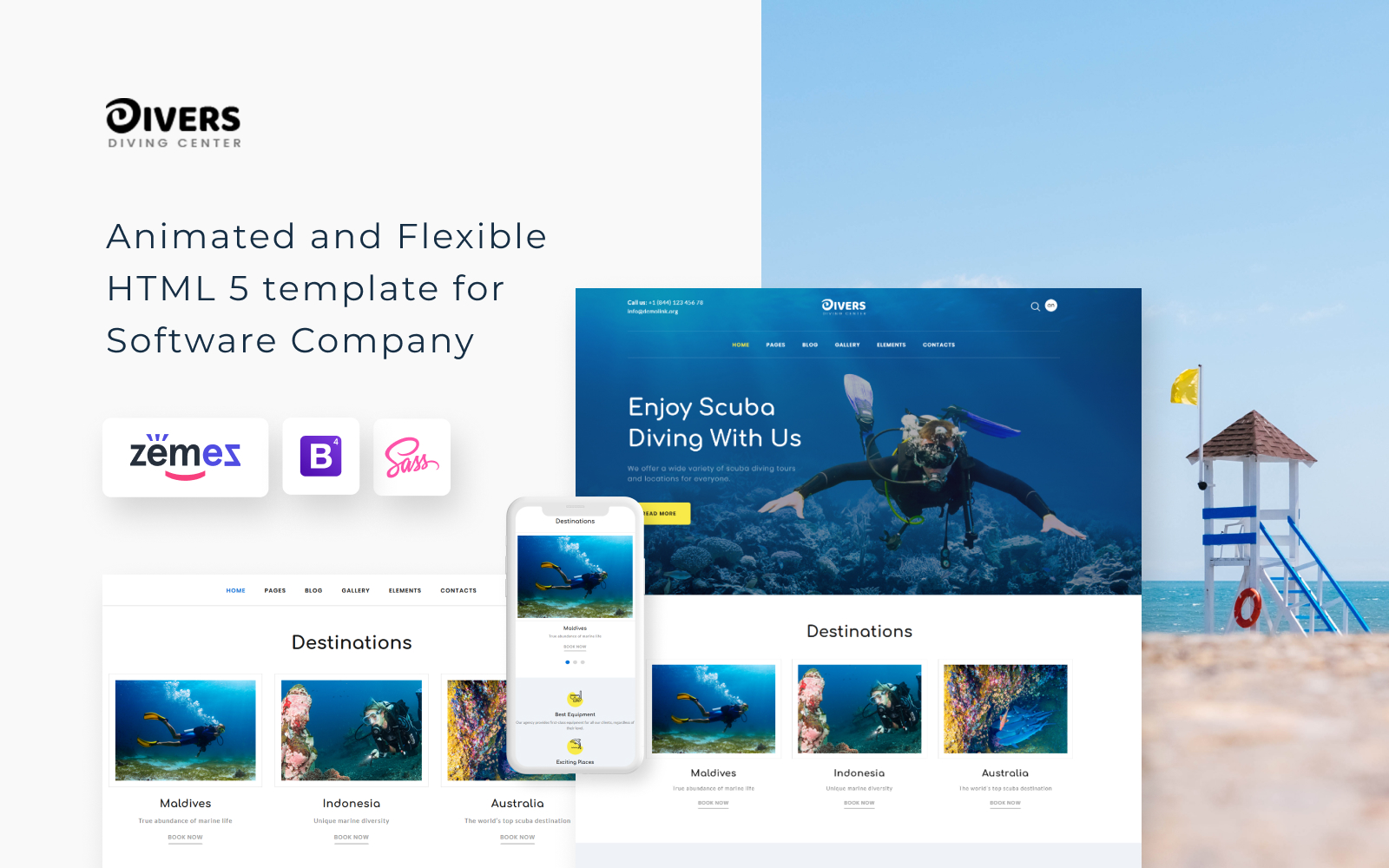"Divers - Diving Center Multipage Classic HTML" - адаптивний Шаблон сайту №78979