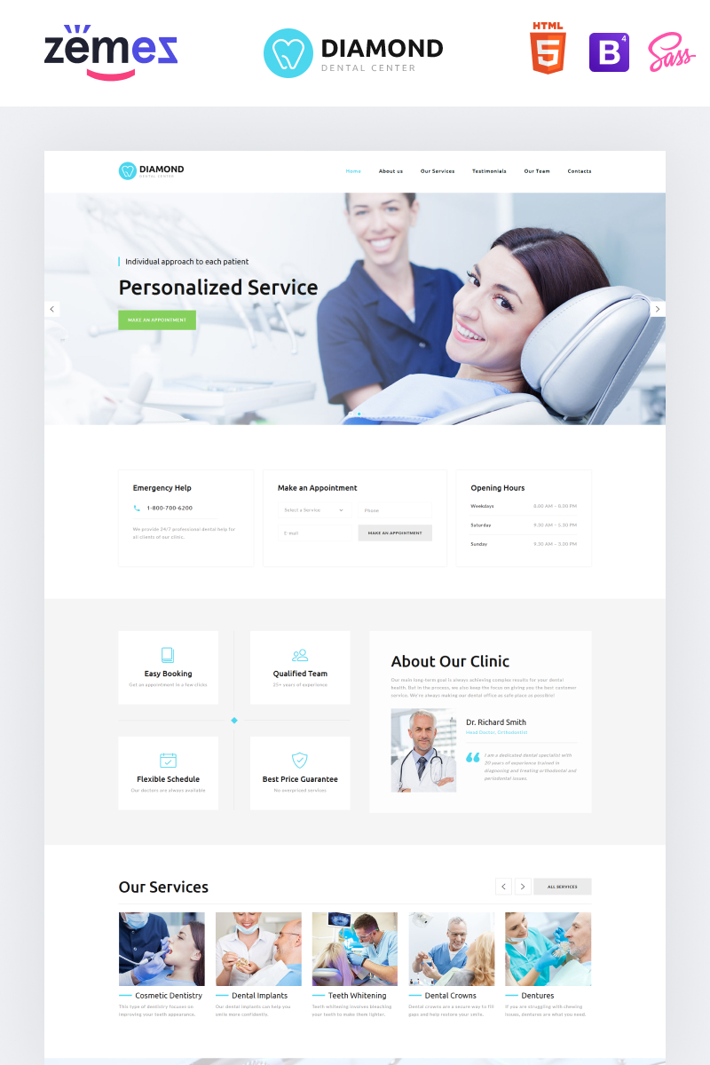 Responsive Diamond - Dentistry Clean HTML Bootstrap4 Açılış Sayfası #78945 - Ekran resmi