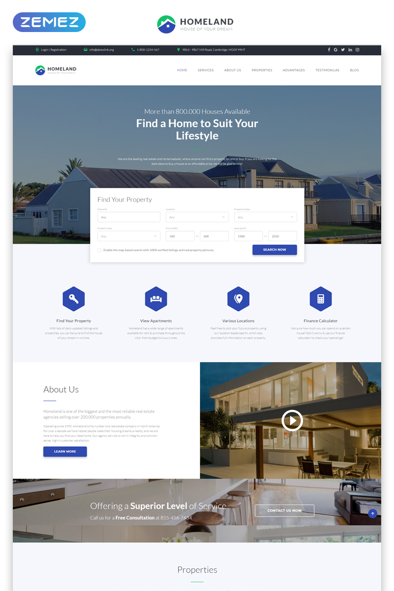 Responsywny szablon Landing Page Homeland - Real Estate Agency Classic Bootstrap4 HTML #79169 - zrzut ekranu