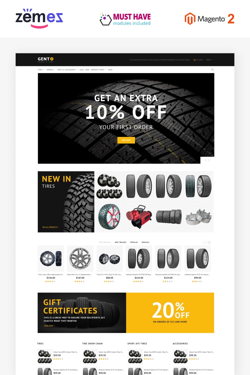 "Gento - Clean 3-Layouts eCommerce Wheels & Tires" thème Magento #79336