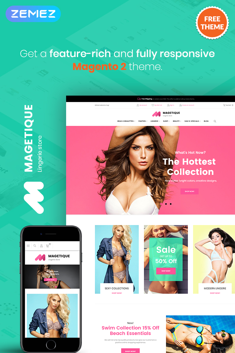 "Magetique Lingerie - FREE eCommerce Magento 2 Theme" - Magento шаблон №79774 - скріншот
