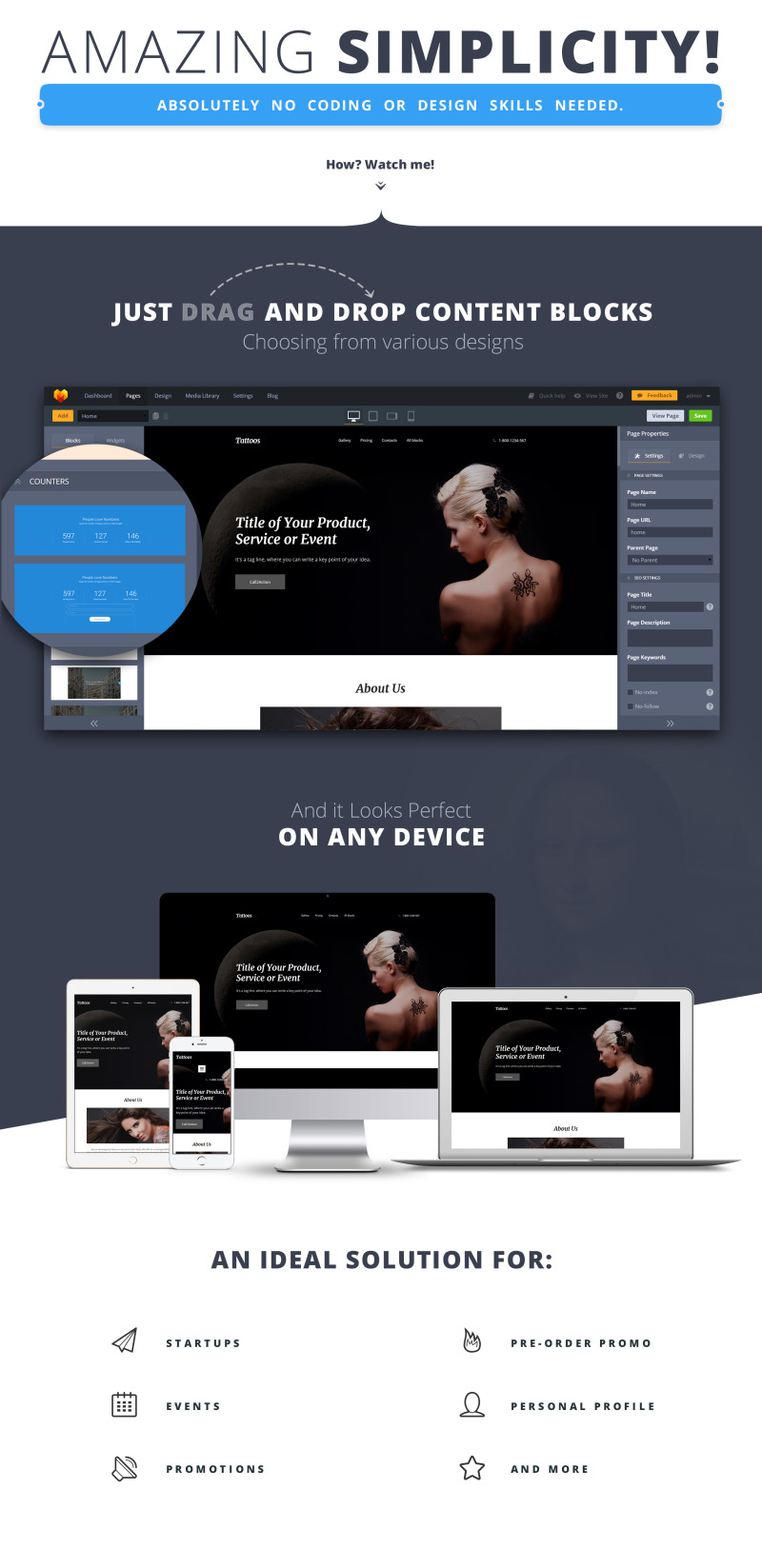 Tattoos MotoCMS 3 Landing Builder - Features Image 1