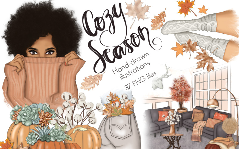 Download Иллюстрация "Cozy Season Clipart & Patterns - Illustration" / Cozy Season Clipart & Patterns - Illustration - Иллюстрация на тему графика cozy,stickers,blogging,planner,sublimation,paper,pattern,clipart,autumn,woman,scrapbook,invitation,spring,maple,leaves,pumpkins,fall,plant,orange,floral