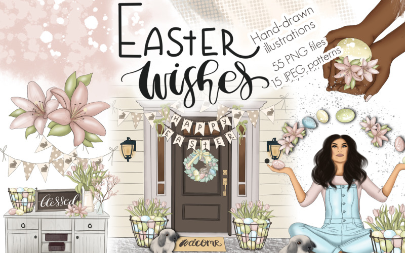 Download Иллюстрация "Easter Wishes Graphic Design Kit - Illustration" / Easter Wishes Graphic Design Kit - Illustration - Иллюстрация на тему графика easter,wishes,graphic,design,kit,illustrations,patterns,paper,eggs,bunny,rabbit,spring,girly,clipart,floral,blue,flowers,texture,lettering,invitation