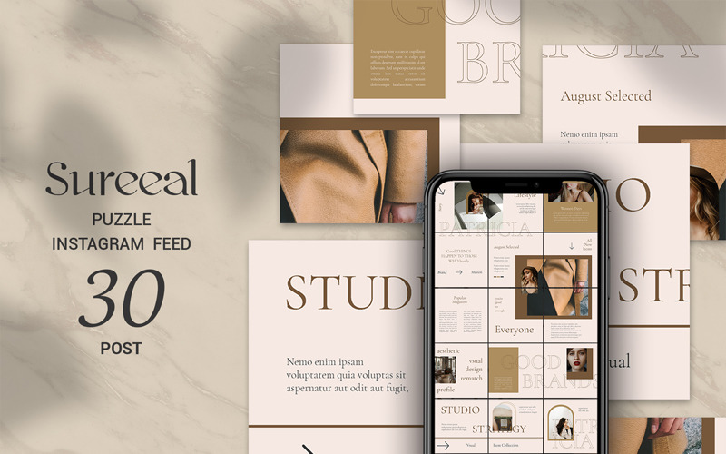 Download Шаблон для соцсетей "Sureeal Puzzle Instagram Feed Social Media Template" / Sureeal Puzzle Instagram Feed Social Media Template - Шаблон для соцсетей на тему графика banner banners clothing dress fashion sale store feminine gold goldy green insta shop instagram puzzle lux luxury malachite minimal promotion