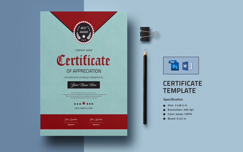 Download Шаблон сертификата "Appreciation Certificate Template" / Appreciation Certificate Template - Шаблон сертификата на тему графика certificate,template,appreciation,achievement,design,completion,award,print,clean,minimal,academic,word,photoshop