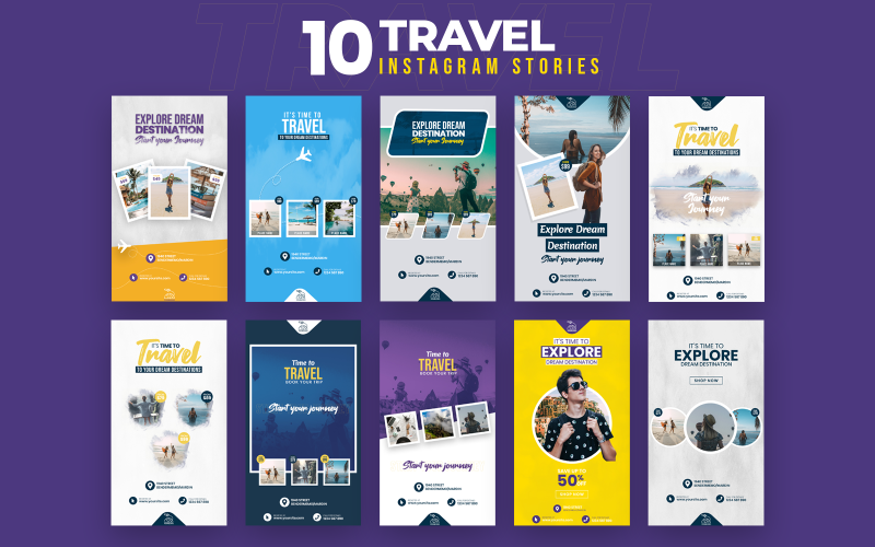 Download Шаблон для соцсетей "Travel 10 Instagram Stories Social Media Template" / Travel 10 Instagram Stories Social Media Template - Шаблон для соцсетей на тему графика adventure,banner,beach,business,entertainment,fresh,fun,holiday,instagram,marketing,promotion,sale,social,media,summer,template,tour,travel,vacation,stories