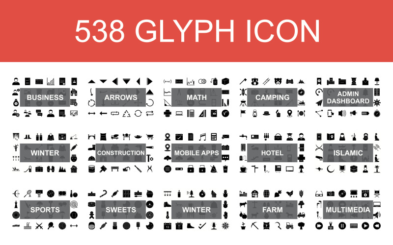538 Glyph Icon med 15 olika kategorier Set