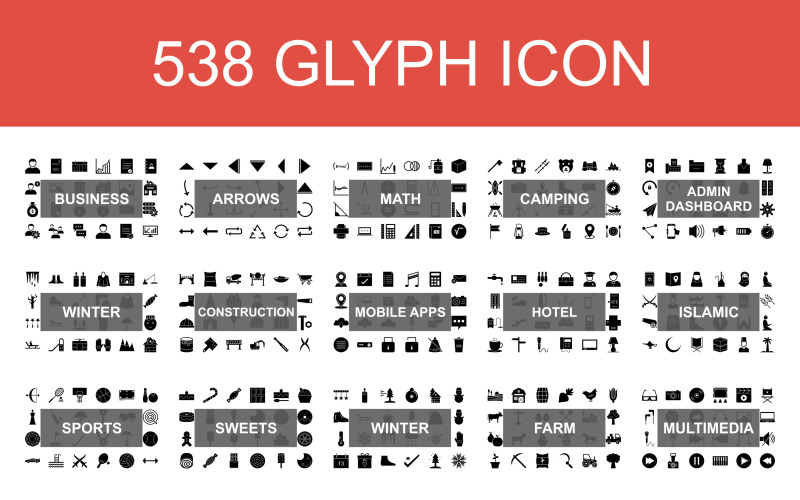 Download Набор иконок "538 Glyph Icon with 15 different categories Set" / 538 Glyph Icon with 15 different categories Set - Набор иконок на тему графика winter,sport,admin,dashboard,sweets,mobile,apps,multimedia,math,islamic,hotel,construction,farm,camping,arrows,business