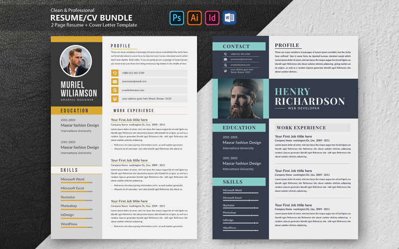 Download Резюме "Bundle Resume Template" / Bundle Resume Template - Резюме на тему графика 2,page,resume,a4,bundle,classic,clean,cv,cover,letter,job,minimalist,download,layout,template,word,simple,application,student,objective,modern,education