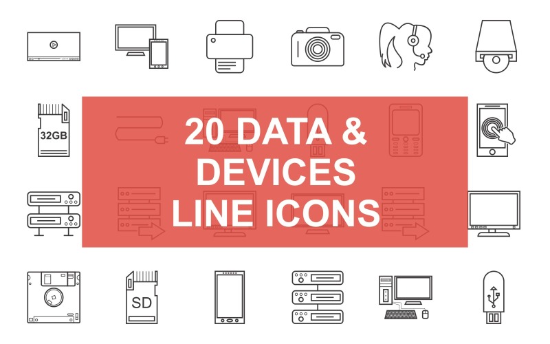 Download Набор иконок "Data & Devices Line Set Icon" / Data & Devices Line Set Icon - Набор иконок на тему графика video,player,usb,screen,phone,mobile,server,printing,printer,data,devices,icon,floppy,dvd,call,set,line,vector,design