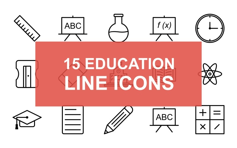 Download Набор иконок "Education Line Black Icon Set" / Education Line Black Icon Set - Набор иконок на тему графика ruler,pencil,sharpener,eraser,school,book,atom,bulb,calculator,black,board,flask,formula,clock,graduation,cap,document,icon,vector,education