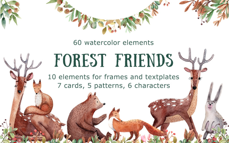 Download Иллюстрация "Forest Friends - Watercolor Clip Art - Illustration" / Forest Friends - Watercolor Clip Art - Illustration - Иллюстрация на тему графика watercolor,hand-drawn,clipart,pattern,seamless,animal,hare,rabbit,fox,bear,deer,forest,wood,floral,summer,autumn,twig,leaf,constructor,set