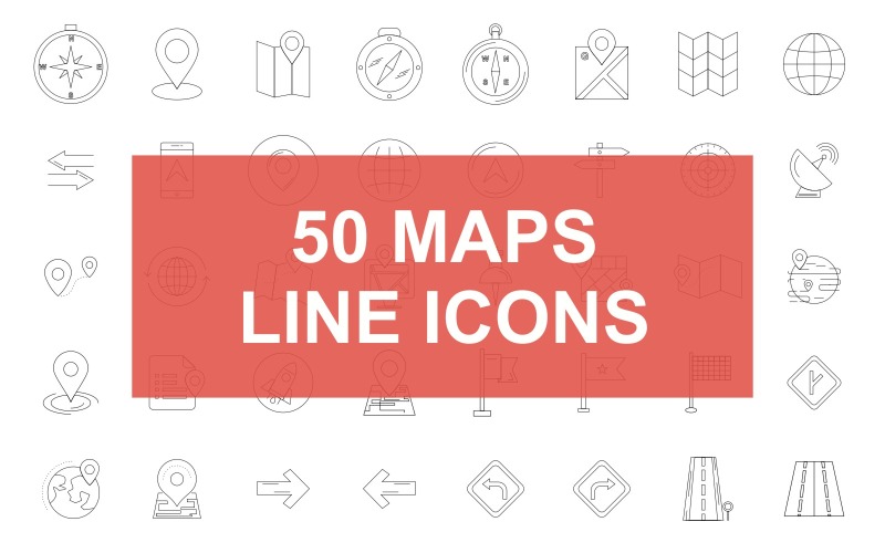 Download Набор иконок "50 Maps & Location Line Black Icon Set" / 50 Maps & Location Line Black Icon Set - Набор иконок на тему графика compass,map,globe,pin,direction,sign,navigation,target,satellite,distance,worldwide,position,explore,location,route,maps,icon,vector,flag,gps