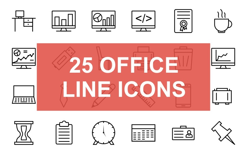 Download Набор иконок "25 Office Line Black Icon Set" / 25 Office Line Black Icon Set - Набор иконок на тему графика desk,analytics,screen,coding,diploma,tea,pin,clipboard,list,chart,usb,chair,printer,trash,projector,clock,laptop,tie,pencil,briefcase