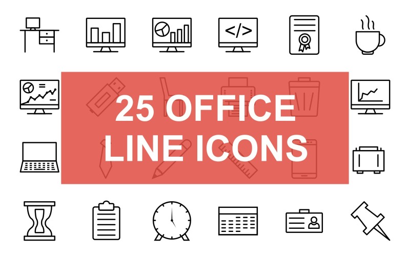 25 Office Line чорний набір іконок